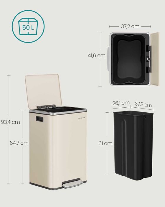 Kosz na śmieci 50L kremowy jedna komora wiadro wewnętrzne WADA