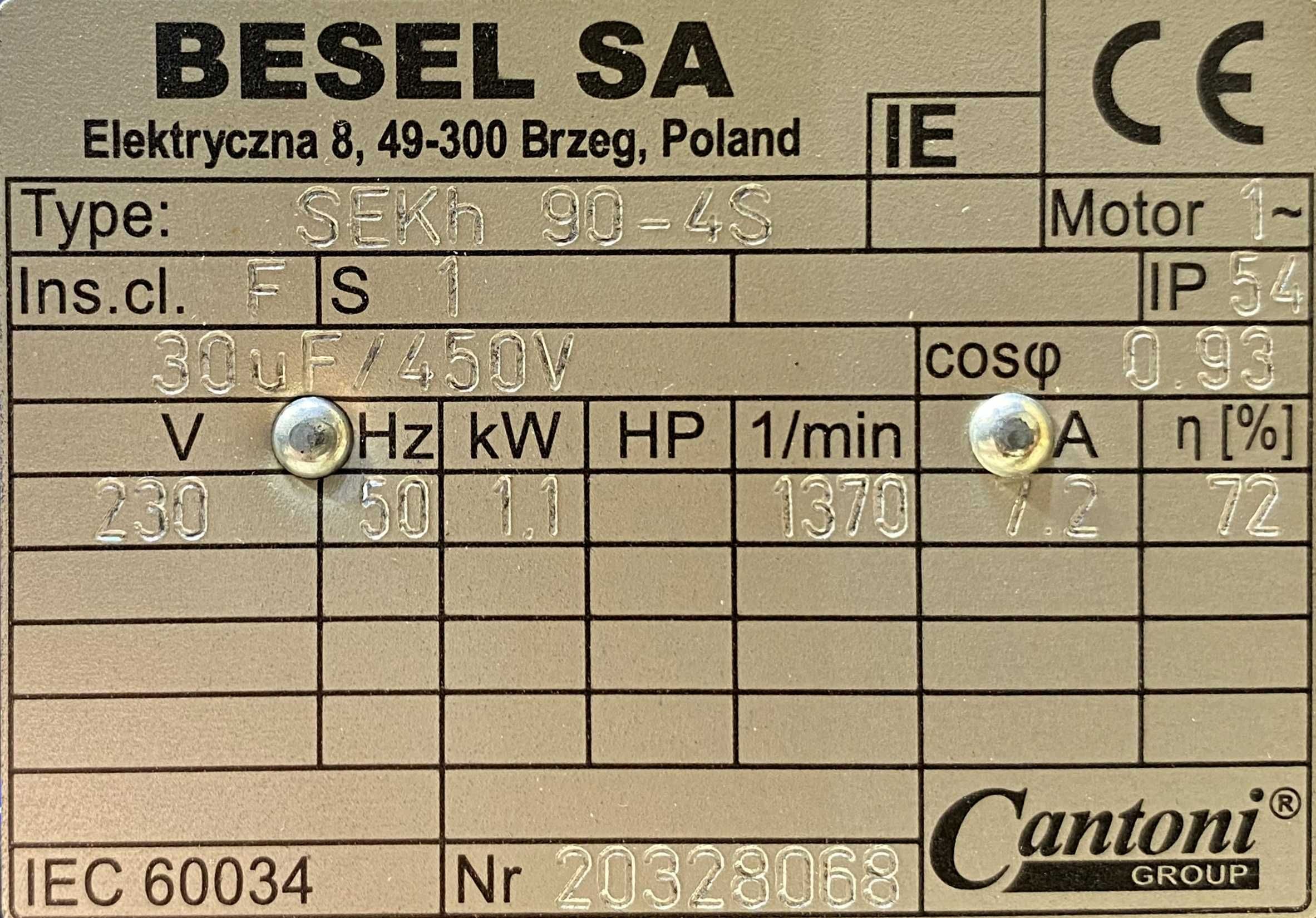 silnik elektryczny 1,1kW 1370obr. 1fazowy 230V BESEL B5