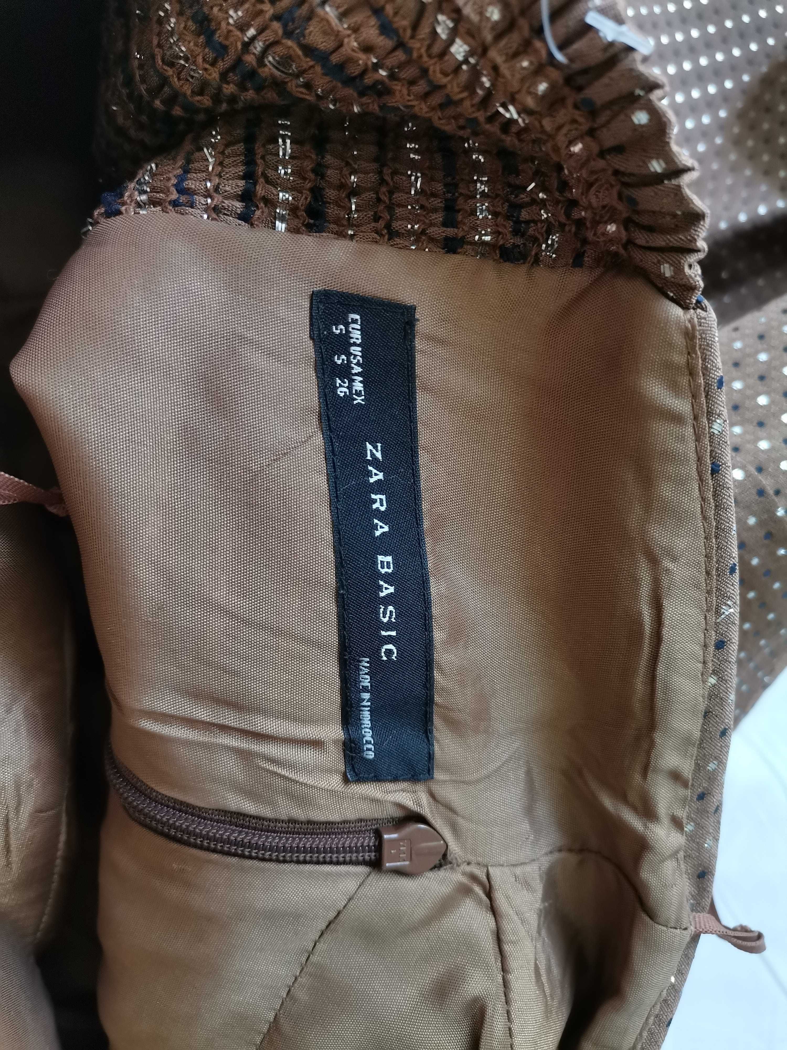 Sukienka Zara Basic brązowa z paskiem