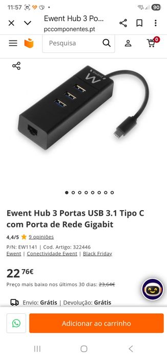 Hub com 3 portas e entrada rj45