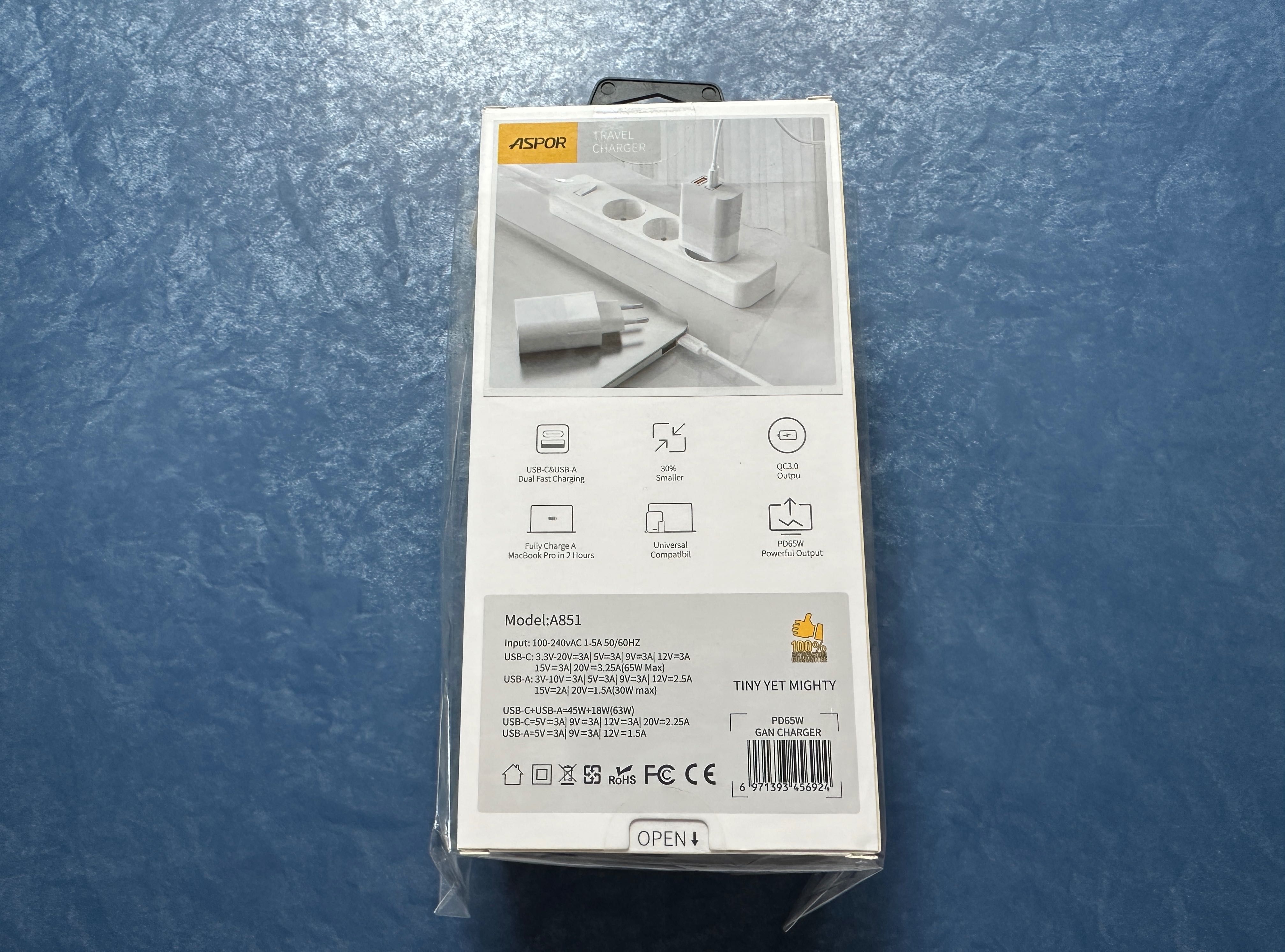 швидка зарядка Aspor GaN Charger 65W TypeC+USB 3.0 PD зарядне зарядное