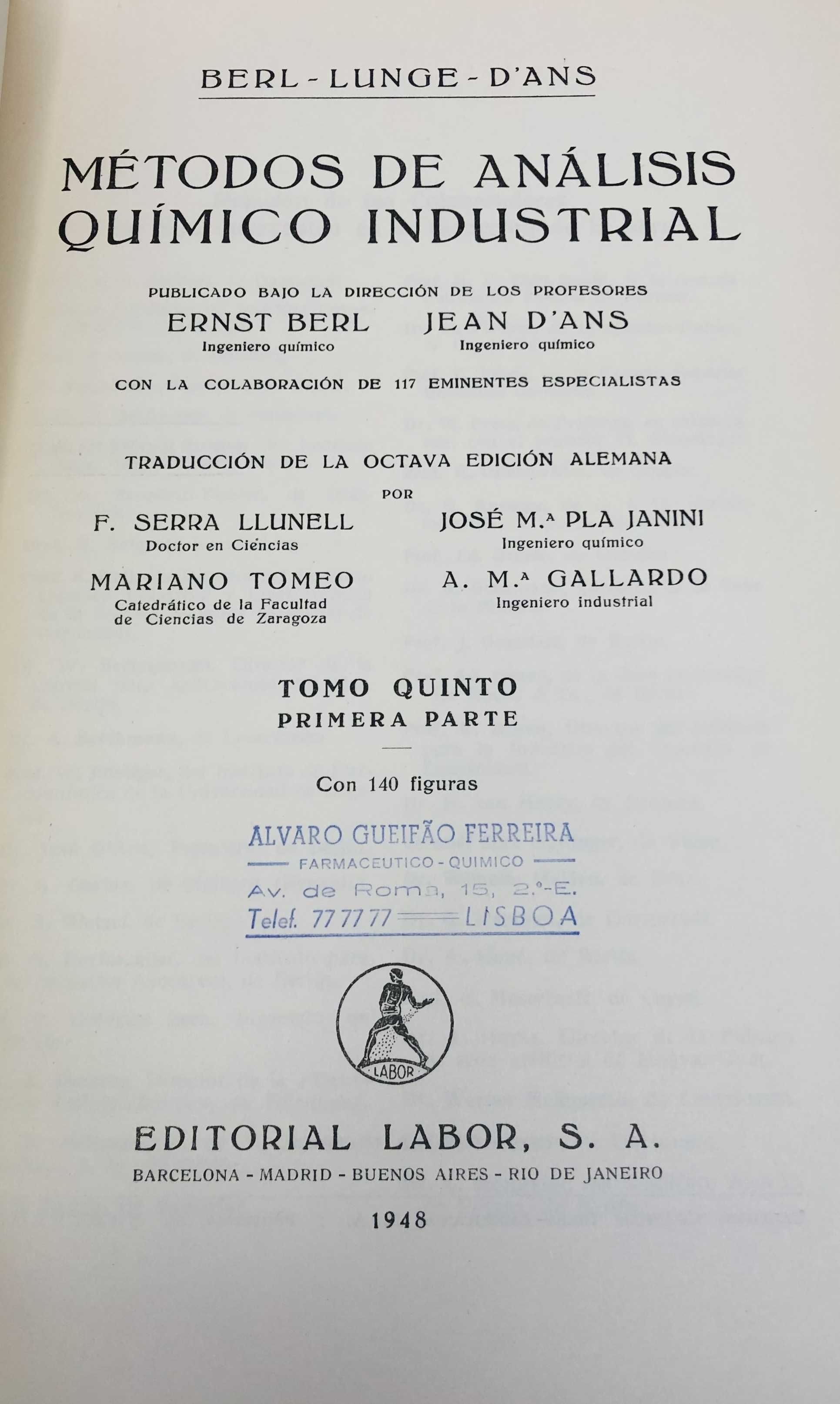 Métodos de Análisis Químico Industrial (Tomo 1, 3, 4 e 5) 1946