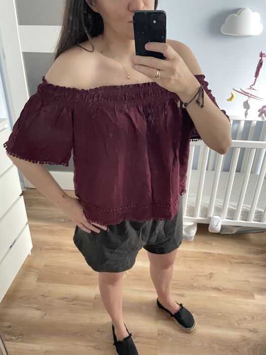 New Look Bluzka hiszpanka Top Bordo Marsala Bordowa 40 L 12