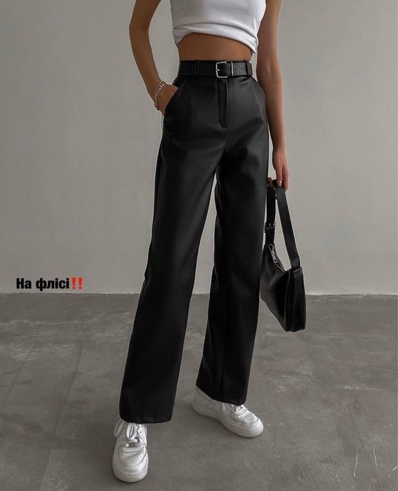 Жіночі Теплі Шкіряні Кльошові Штани Чорного Кольору