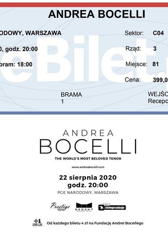 Andrea Bocelli 19.08. bilet wartość 400zł odbiór osobisty, wysyłka
