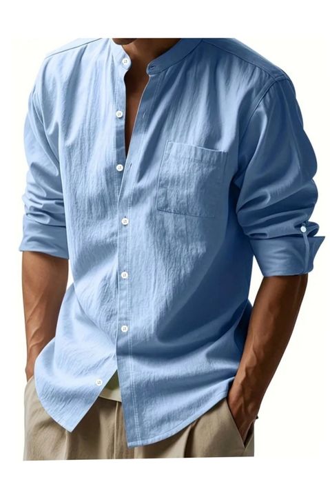 Nowa lniana elegancka męska koszula błękit stójką długi rękawem rozm M