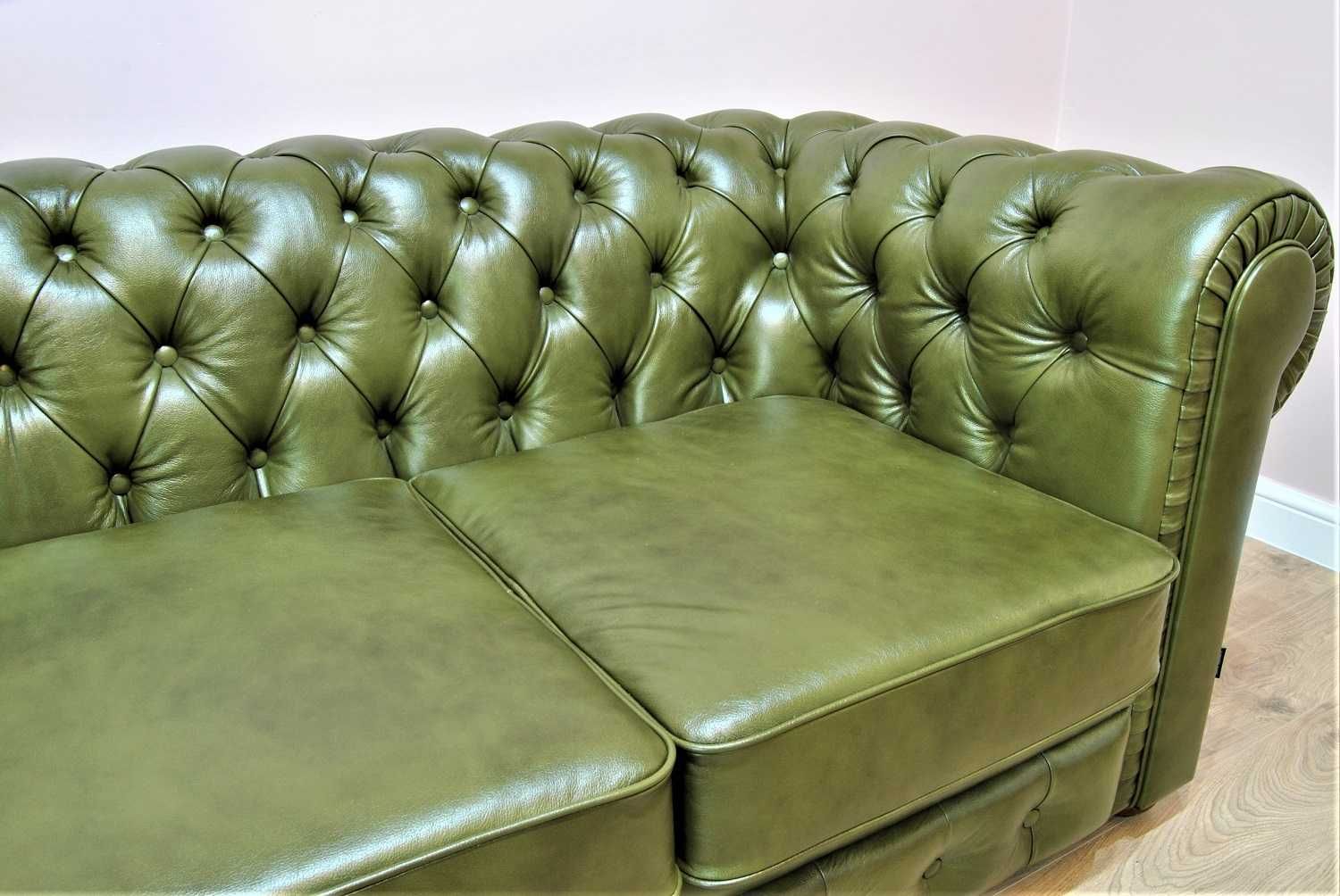 Sofa pikowana skórzana z funkcją spania 3 osobowa plisowane boki