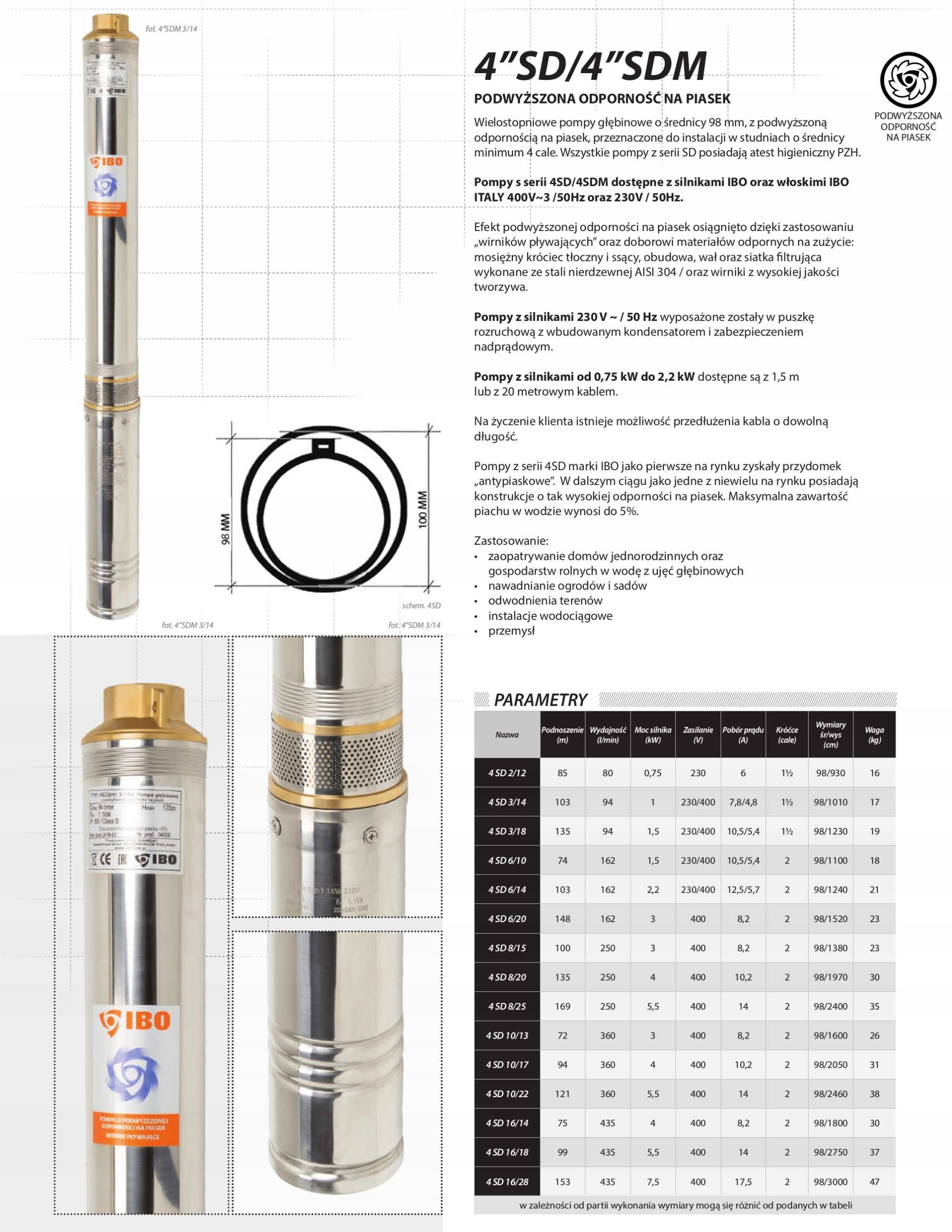 Pompa Głębinowa 4"SD 8-20(4kW,400V)IBO 20m kabla 250L/min Antypiaskowa