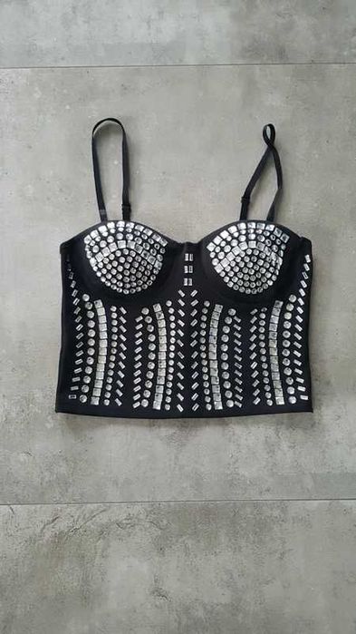 Czarny gorset top z cyrkoniami S/M