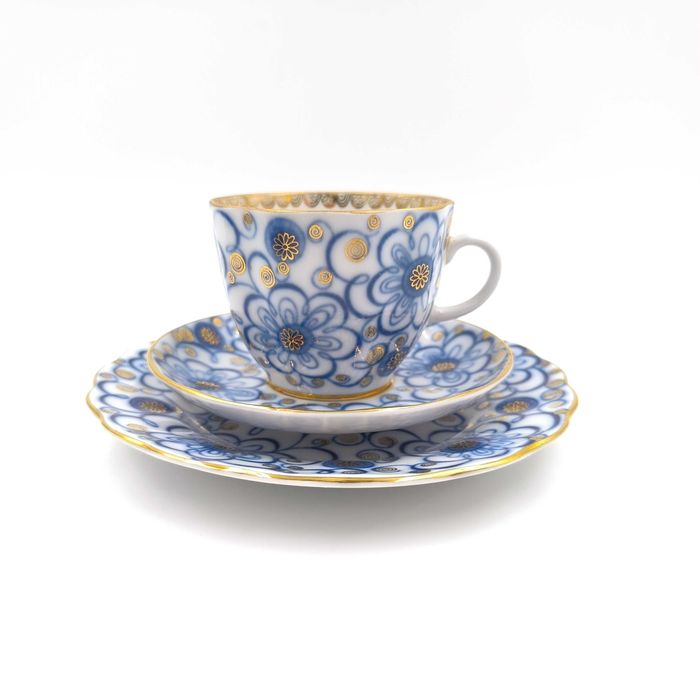 Łomonosow Trio Filiżanka Podstawek Spodek Talerzyk Porcelana Kobalt