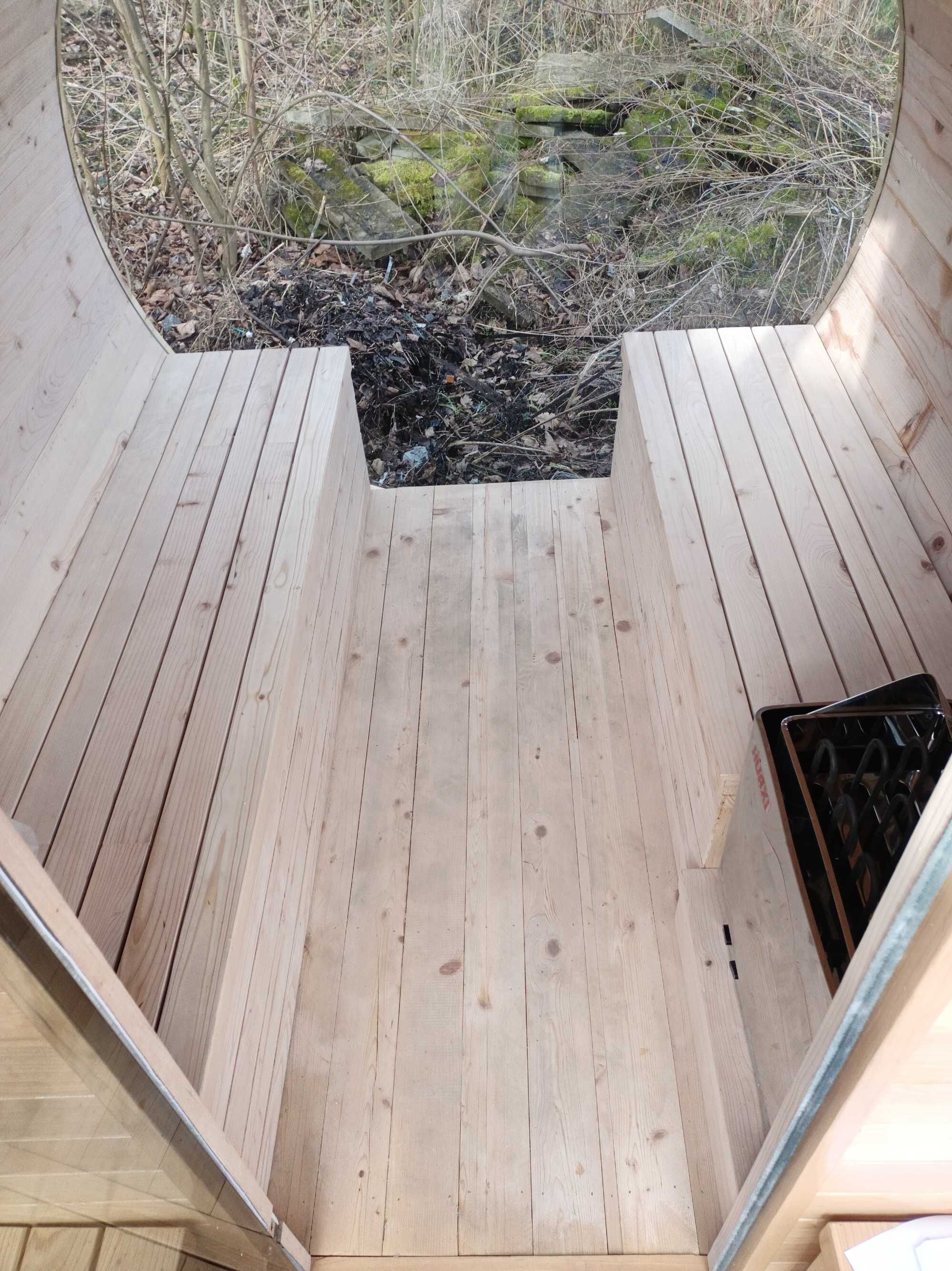 sauna ogrodowa beczka, elektryczna, szkło panoramiczne