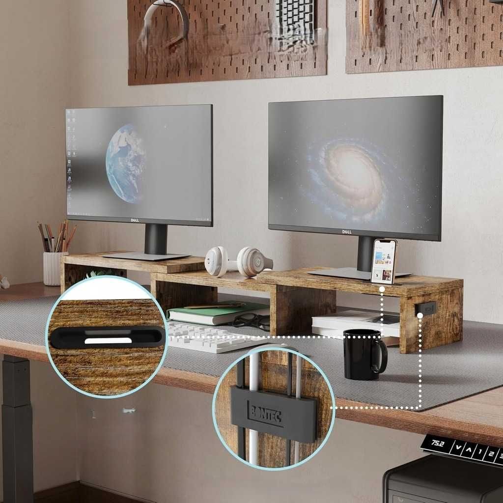 BONTEC Podwójny Stojak na Monitor z Organizerem, Brązowy
