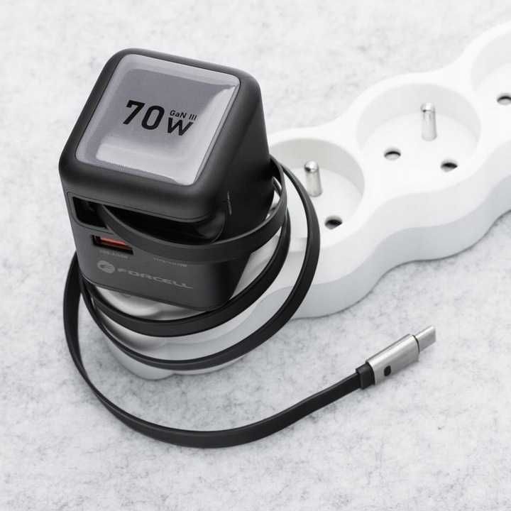 Ładowarka sieciowa GaN USB C + USB + zwijany kabel USB C PD QC4.0  70W