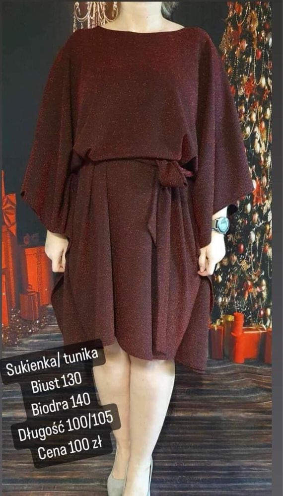 Sukienka tunika z brokatem biust 130 wizytowa wieczorowa czerwona