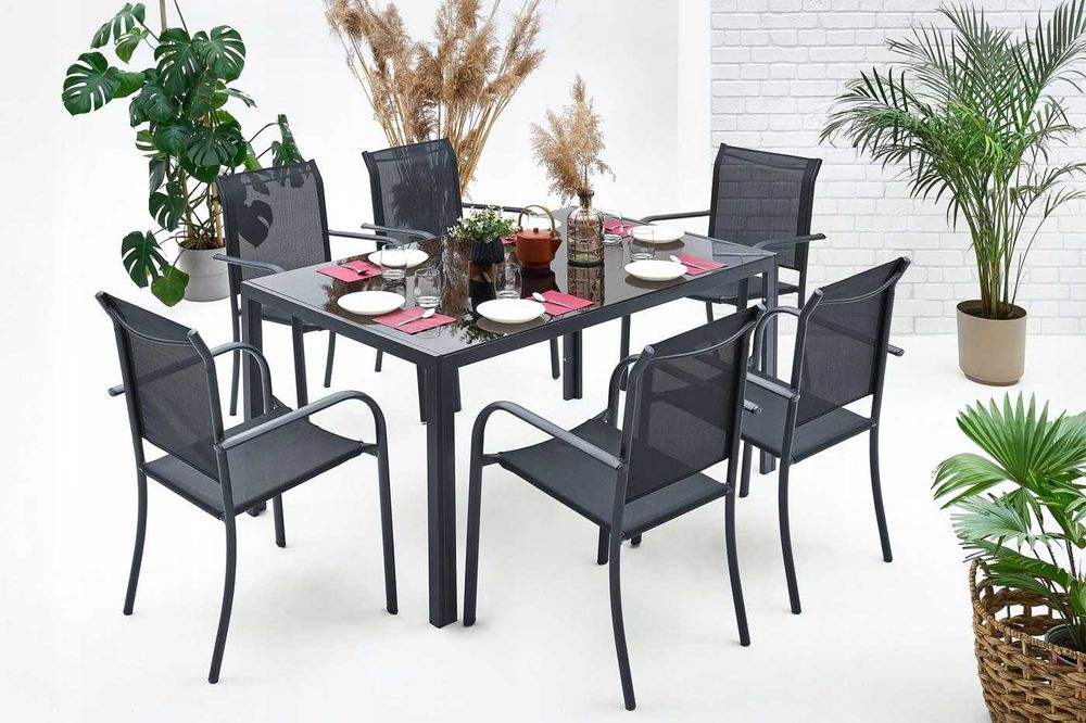 Zestaw Komplet Mebli Ogrodowych na Taras STÓŁ 150 + 6 KRZESEŁ - SZARY