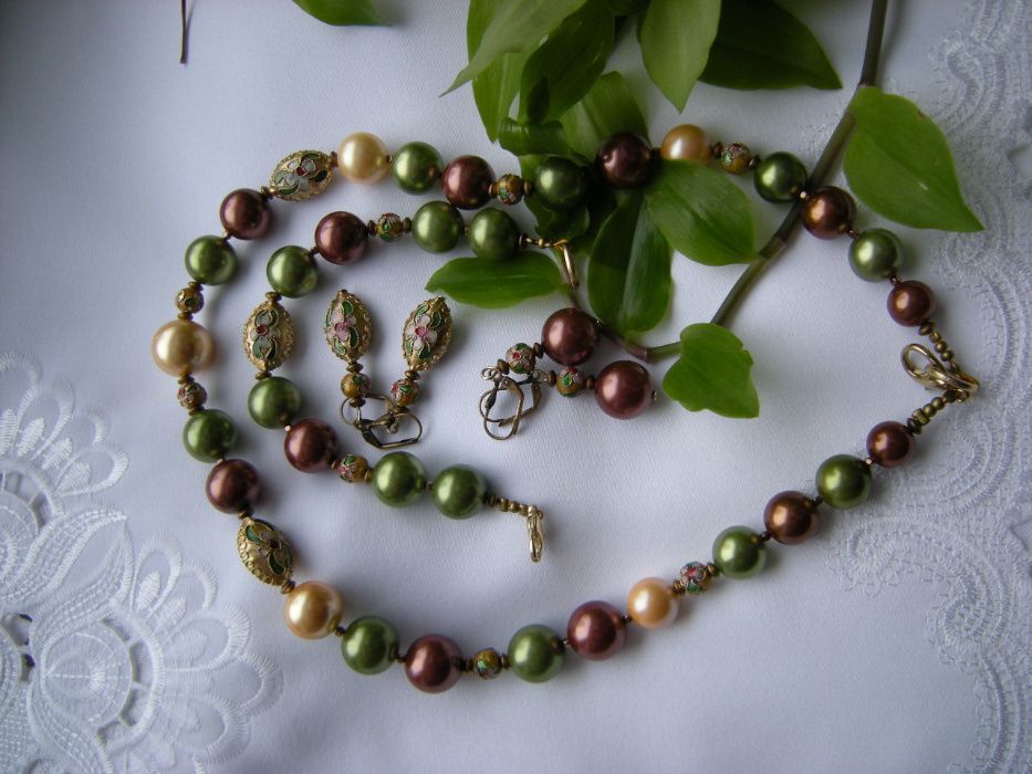 Komplet perła seashell brąz zieleń krem+cloisonne stare złoto/ziele