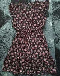 Czarna zwiewna sukienka w kwiaty z falbankami  38-40 M L na lato