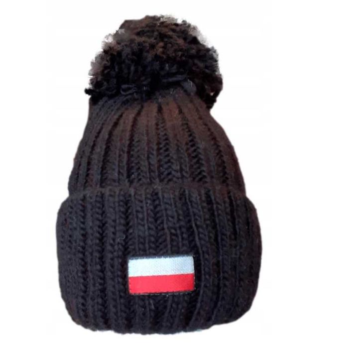Polska Czapka Zimowa Ciepła Wełna Polar Czarna