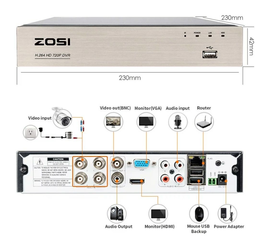 Sistema Vídeovigilância CCTV Zosi HD 4CH com 2 câmeras (Novo)