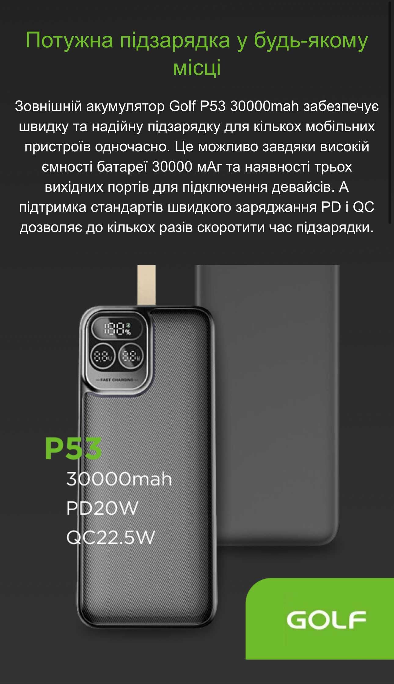 PowerBank/ПаверБанк Golf 30000mah USB-A/USB-C + Подарунок 12в кабель