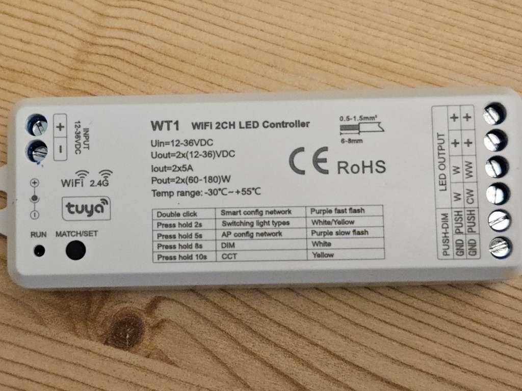 WT1 LED 2 kanałowy kontroler WiFi CCT 12-36V DC 10A Alexa Tuya 2.4GHz