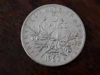Srebrna moneta 5 Franków francuskich z 1963 roku