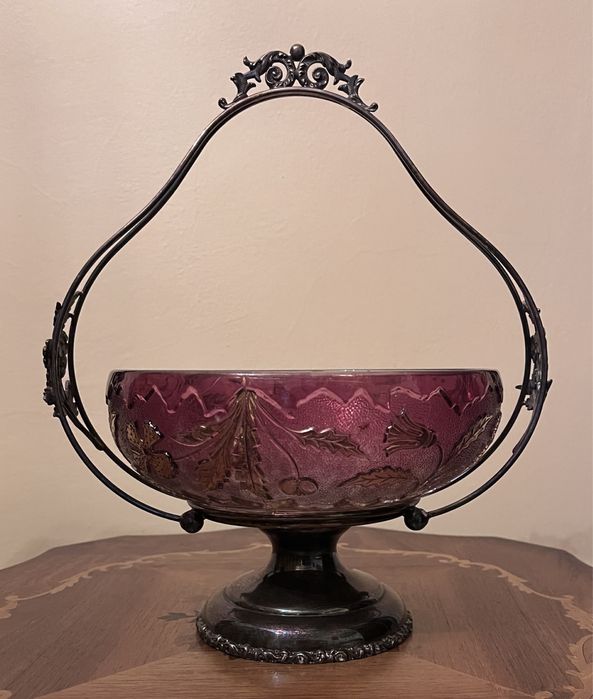 Rarytas posrebrzana patera na nodze ze szkalnym wkładem XIXw. J.Watts