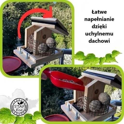 STAFECO Karmnik dla ptaków z OTWIERANYM DACHEM, uchwyt i poidełko