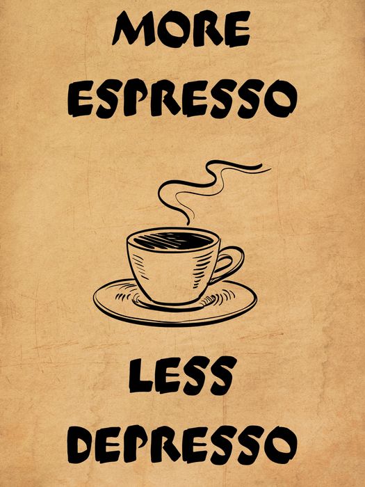 plakat metalowy dla kawosza do kuchni more espresso less depresso