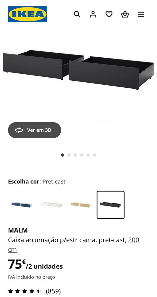 MALM - (4un) Caixa arrumação p/estr cama, pret-cast, 200 cm