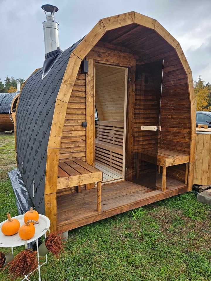 Sauna ogrodowa z piecem opalanym drewnem piękna panorama