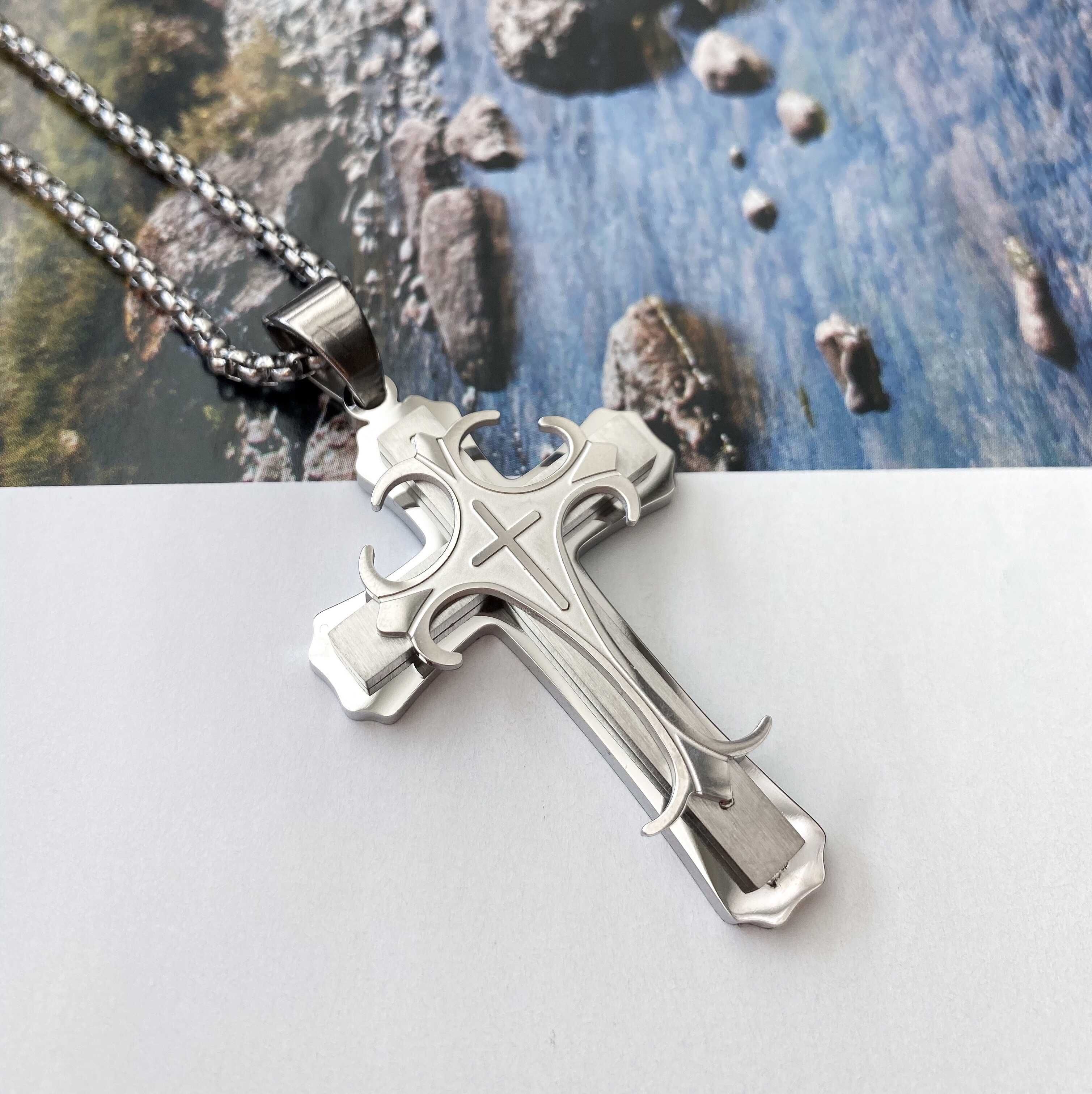 Мужская серебряная подвеска, металлическая цепочка на шею с крестом