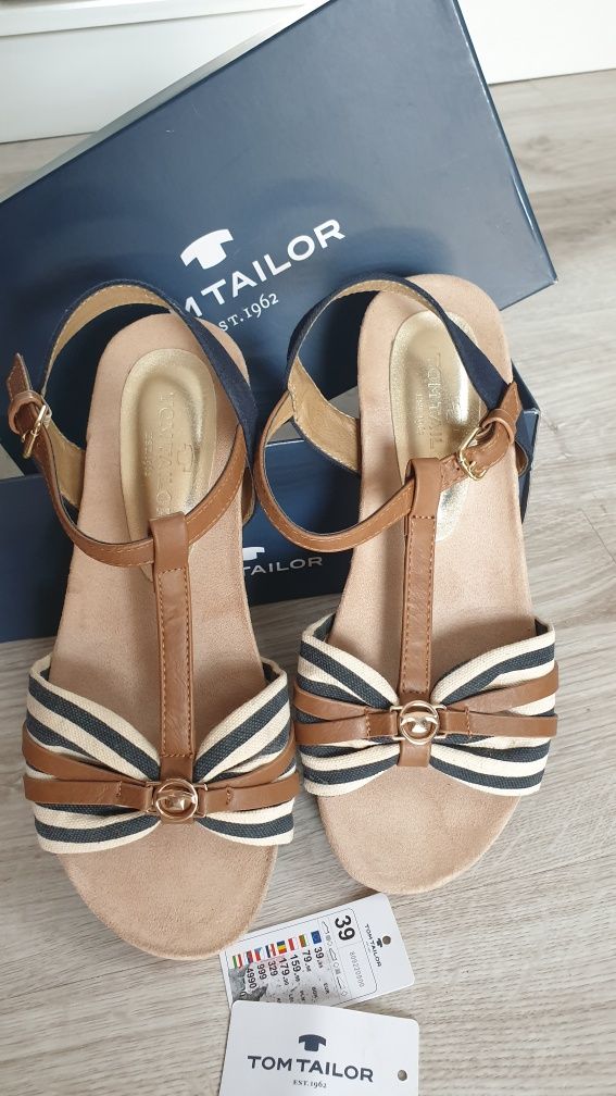 Buty sandały damskie skórzane oryginalne Tom Tailor roz 39 beż granat