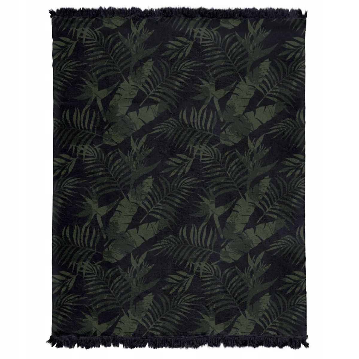 Koc bawełniany akrylowy 150x200 czarny zielony liście palmy z frędzlam