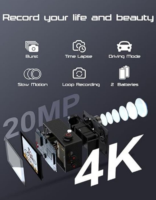 Kamera sportowa Apexcam 4K WiFi wodoodporna 40M 20MP