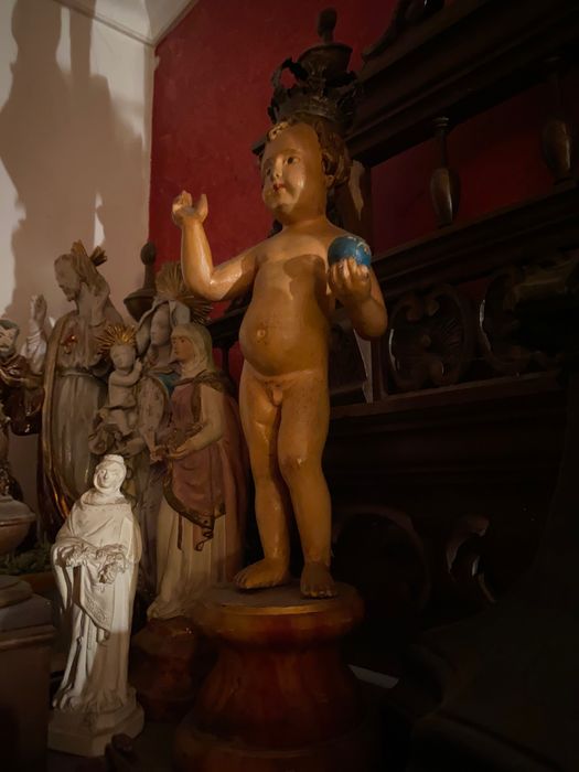 Menino Jesus Salvador do Mundo Madeira séc XIX Coroa Prata Portuguesa