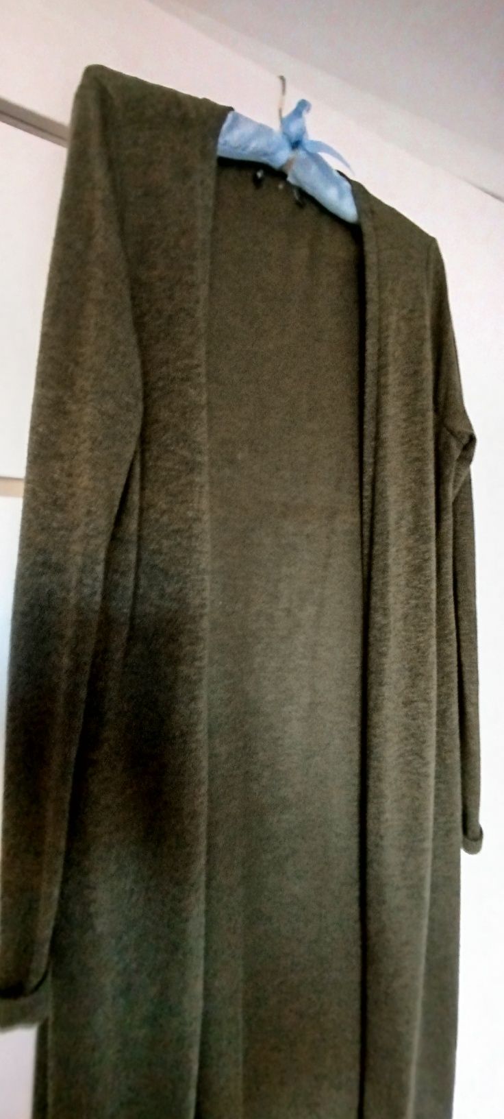 Długa narzutka khaki, zielona, 115 cm, kardigan 42,