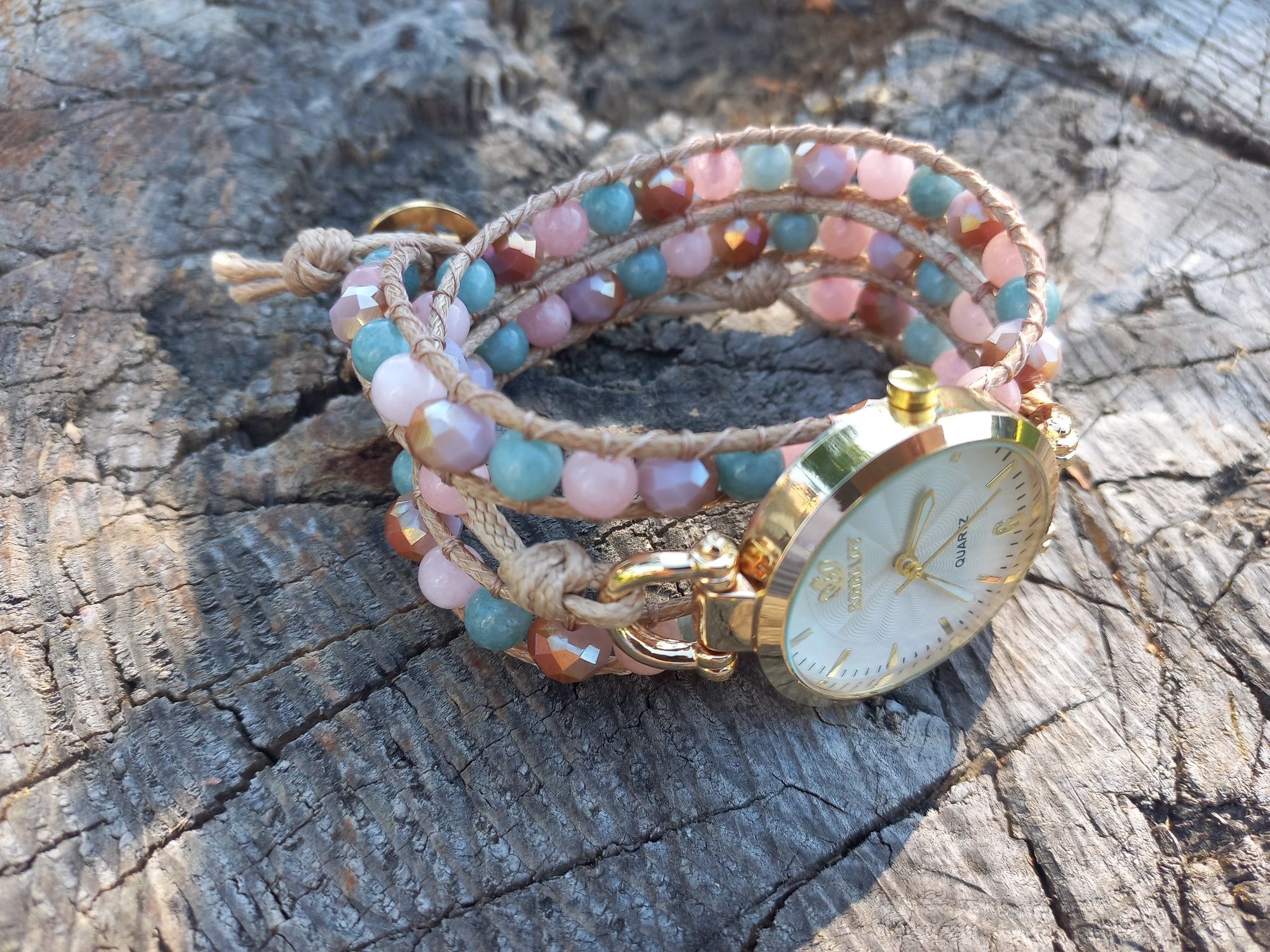 Zegarek kwarcowy boho pleciony z bransoletką z kamieni handmade