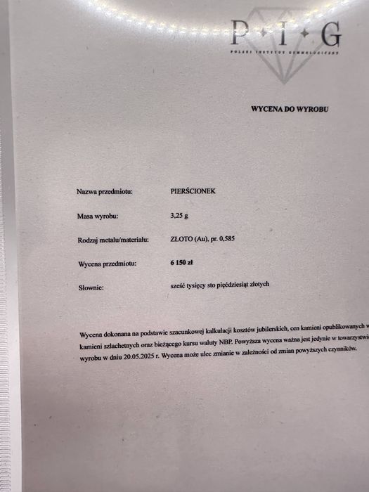 Złoty pierścionek z diamentami 0,84ct Si/H-J (wycena na 6150zł)
