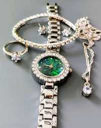 Zegarek zielony cyrkonie plus zestaw biżuterii Nowy