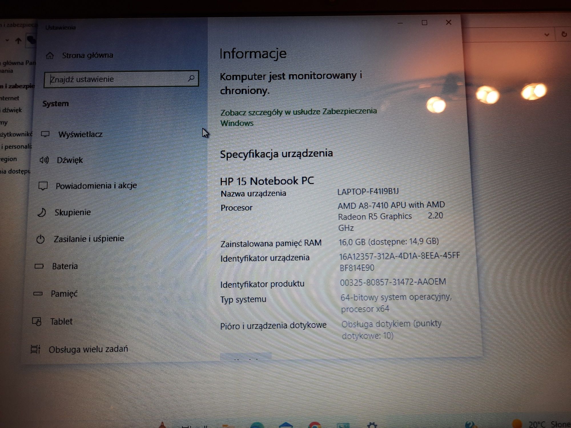 laptop HP 15", ekran  dotykowy, proc. AMD 4x2,2 GHz, 16MB RAM, WIN 10