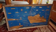 Obraz ze słomy intarsja PRL morze statek wakacje 80x48cm niebieski