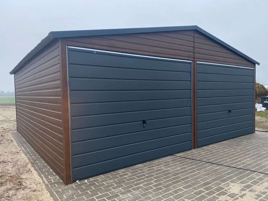 Garaż blaszany 6x5.8, drewnopodobny, orzech, amtracyt. PRODUCENT.