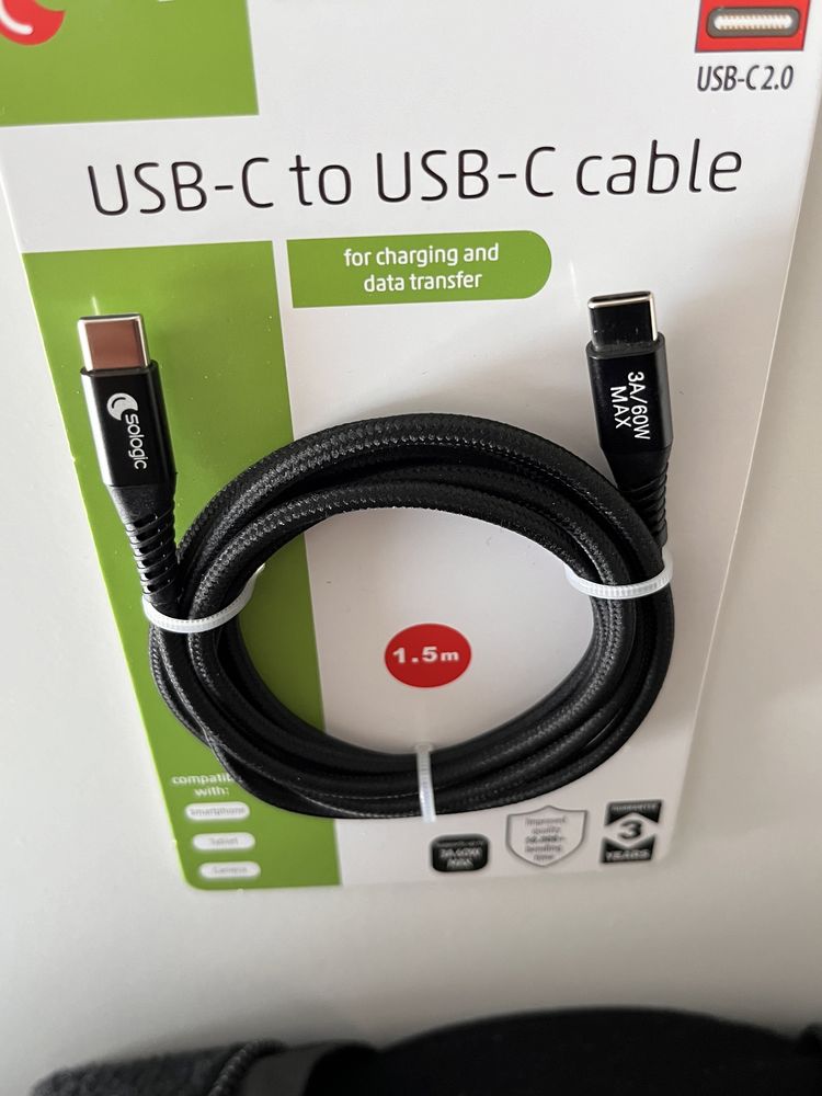 Kabel usb typ c - usb typ c ładowanie/ tran. danych sologic 1,5m Nowy