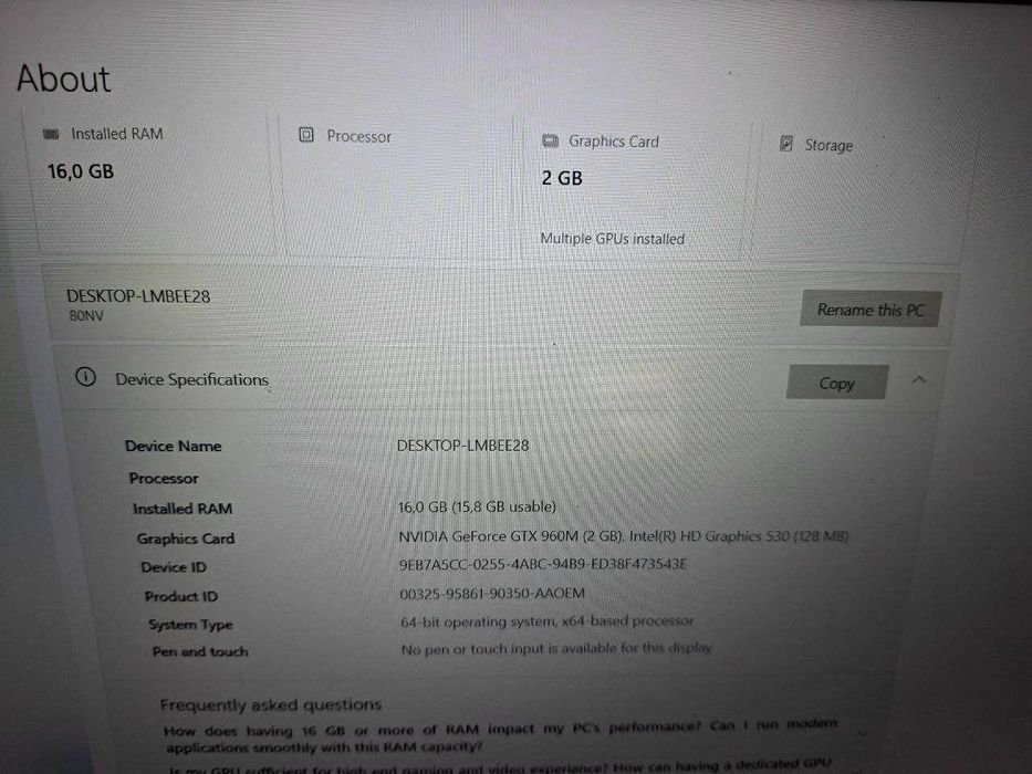 Lenovo Y700-15 i7-6700HQ 16GB GTX960 2GB