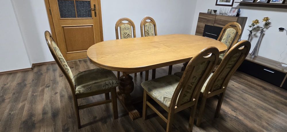 Elegancki komplet: stół dębowy rozkładany 183/248cm/91cm + 6 krzeseł