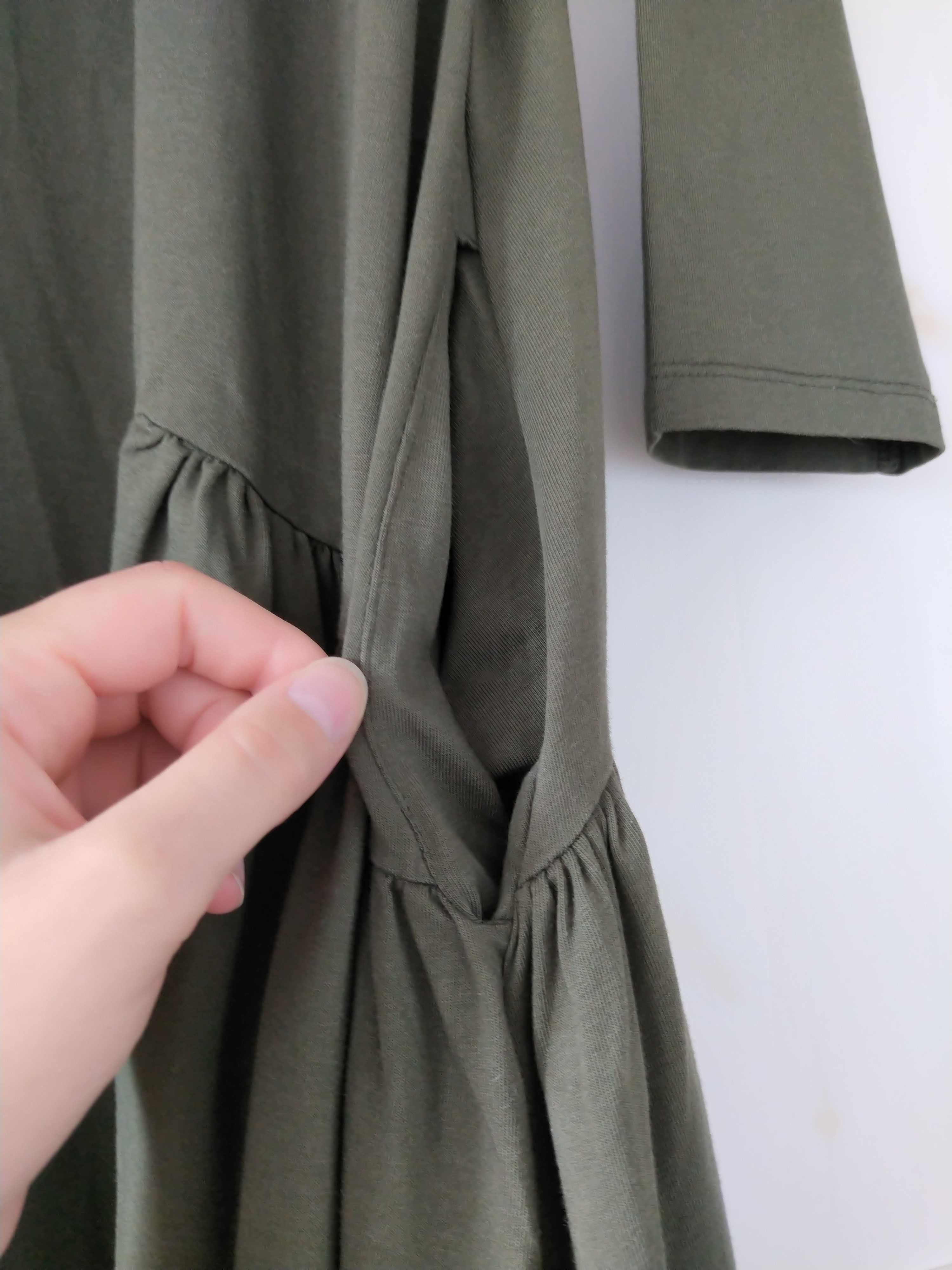 Bawełniana sukienka cottagecore The Still M/L khaki z koronką na lato