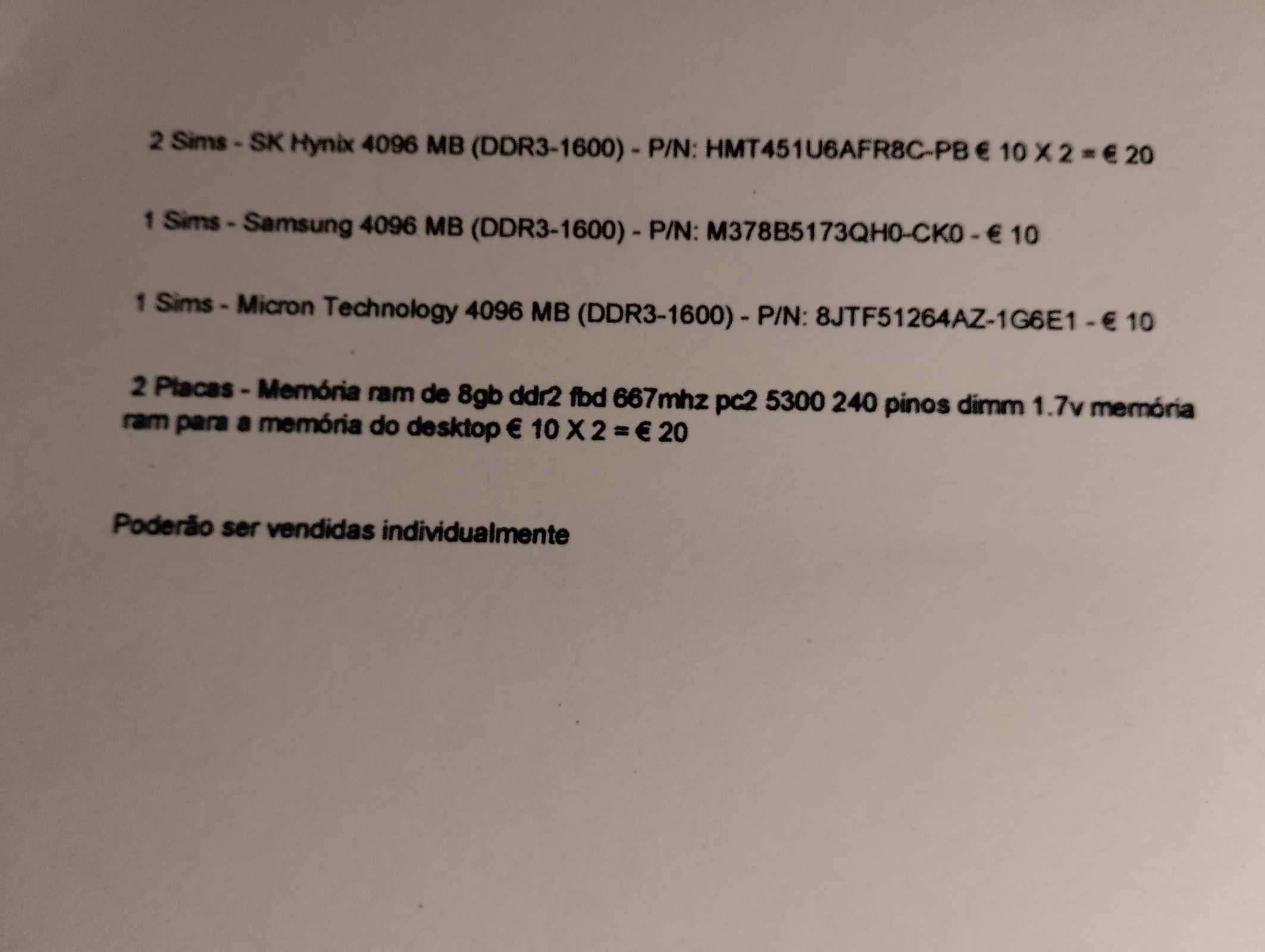 6 Pplacas de Memória RAM - 4 DDR3, 4 GB e 2 DDR 2, 8 GB