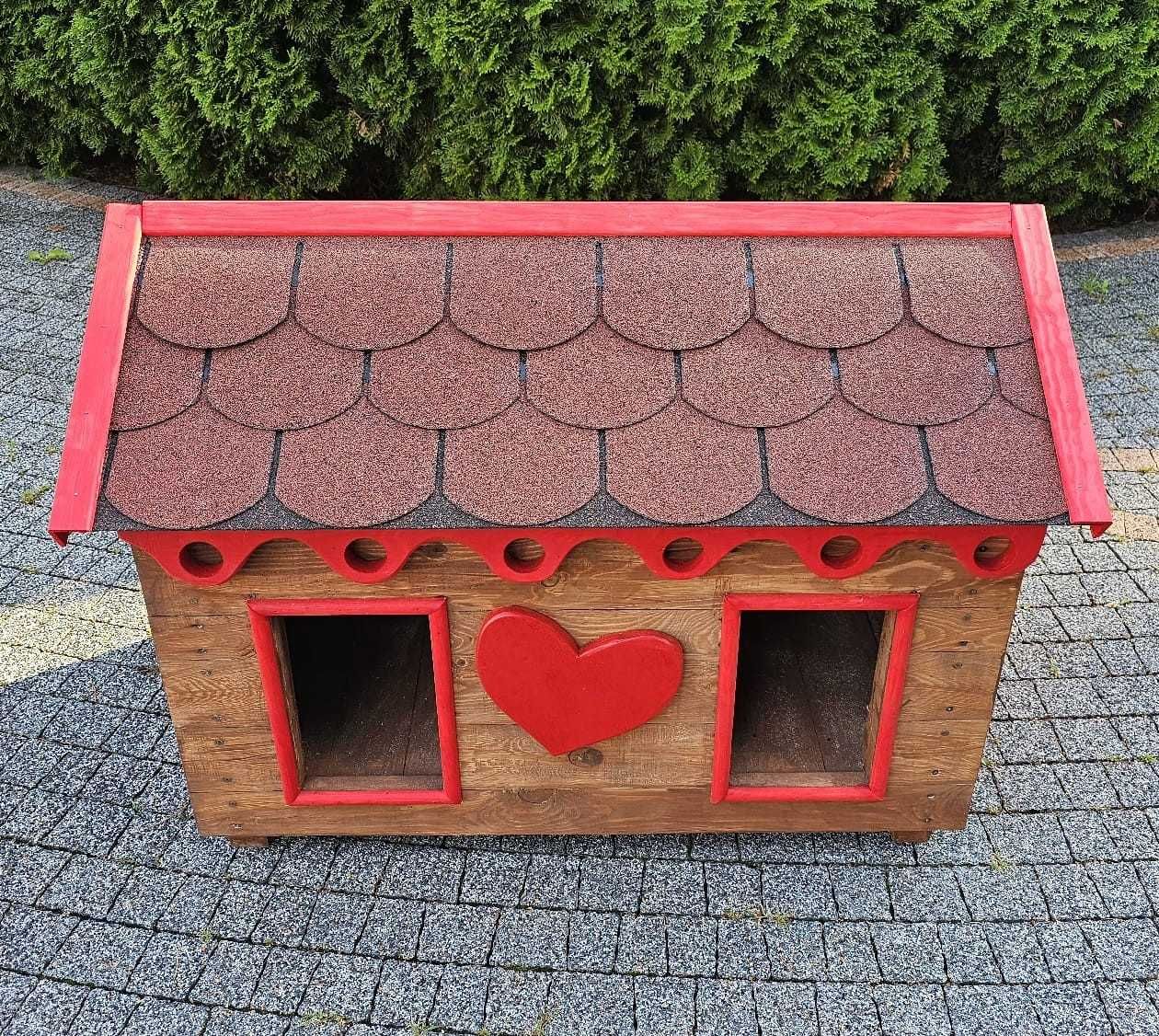 BUDA - domek dla psów z 2 wejściami - DUO buda z ozdobami z drewna 3D