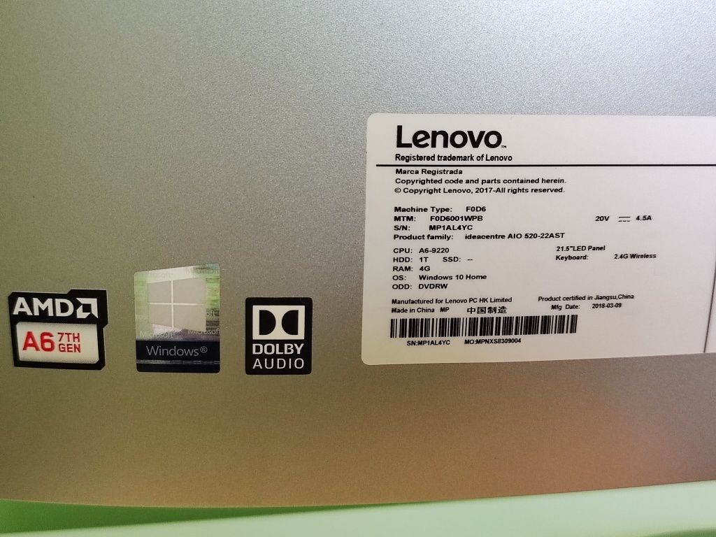 Komputer AIO Lenovo 21.5" Windows 10 SSD Komplet